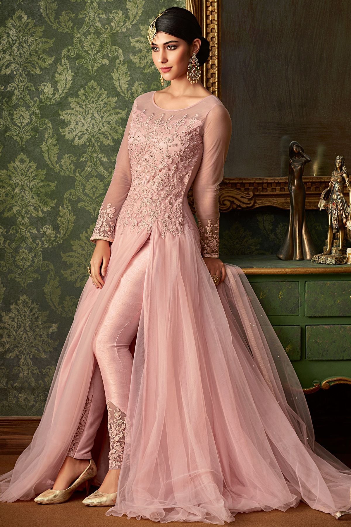 Peach Embroidered Party Wear Slit Cut Suit