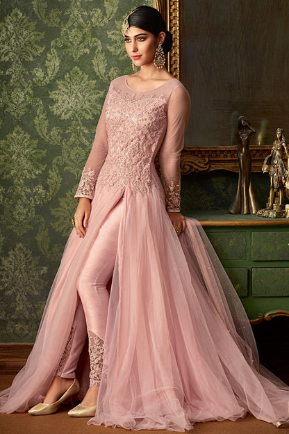 Peach Embroidered Party Wear Slit Cut Suit