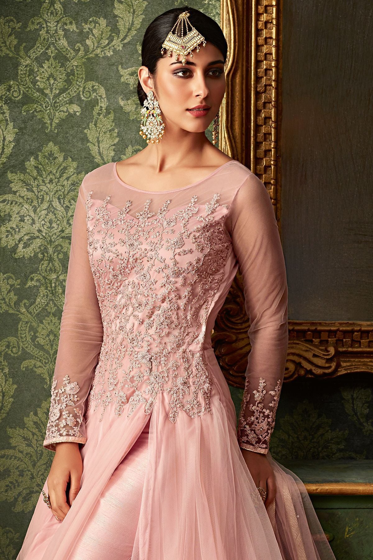 Peach Embroidered Party Wear Slit Cut Suit