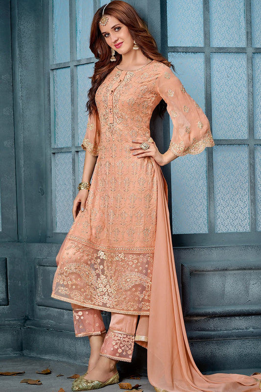 Peach Embroidered Party Wear Straight Suit