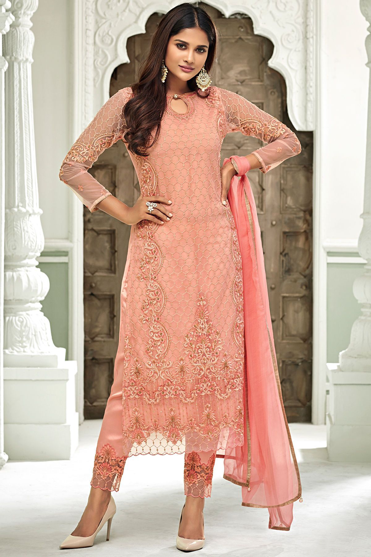 Peach Net Party Wear Stright Cut Suit