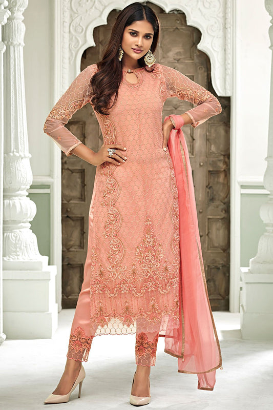 Peach Net Party Wear Stright Cut Suit