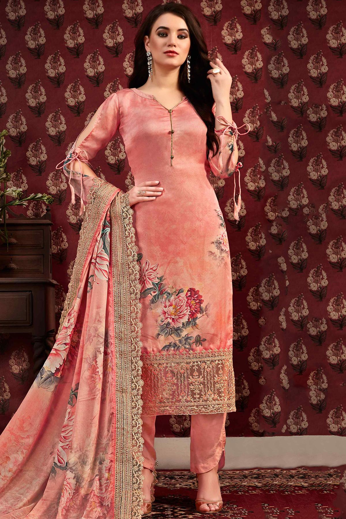 Peach Printed Casual Straight Cut Suit