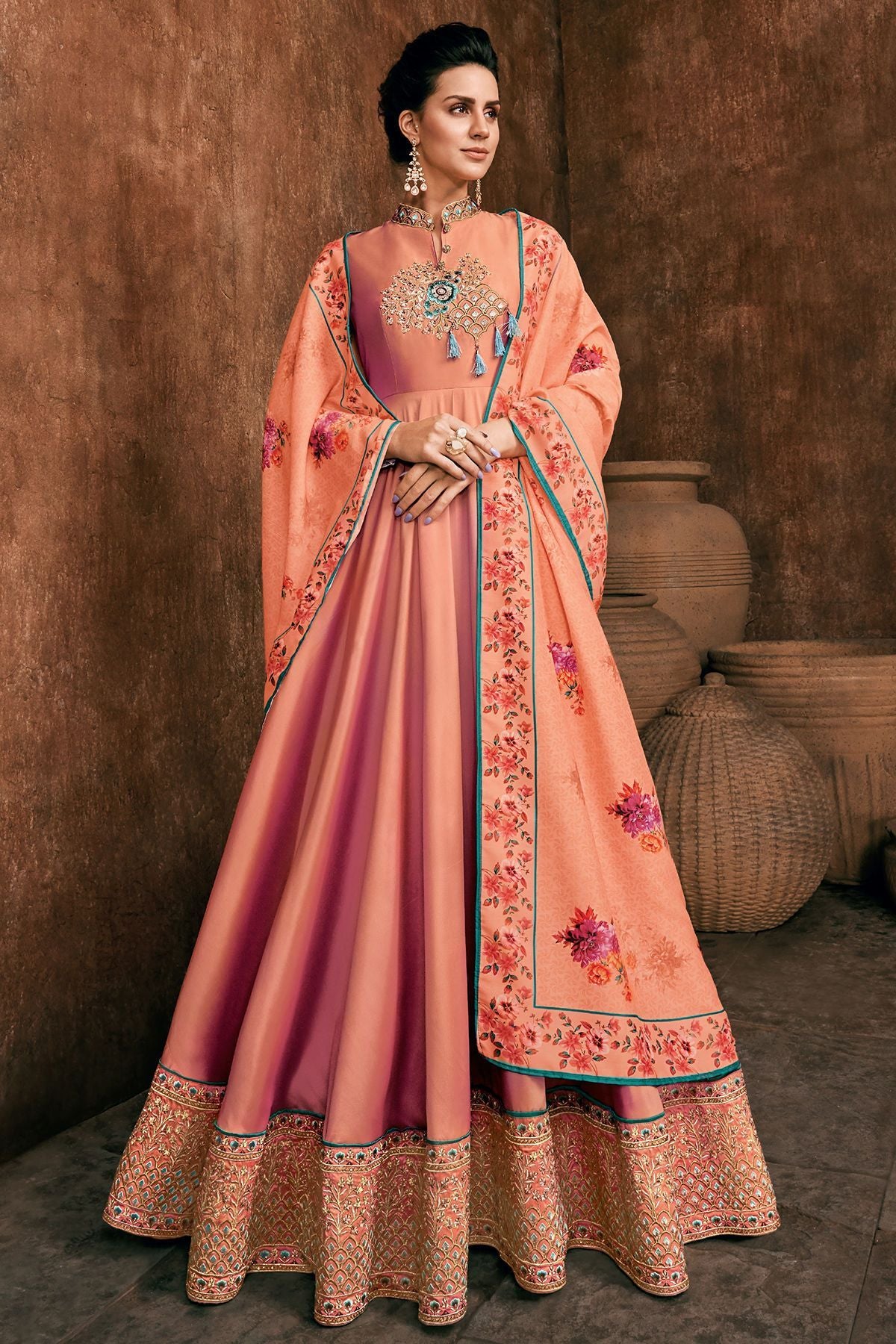 Peach Reyon Party Wear Anarkali Suit