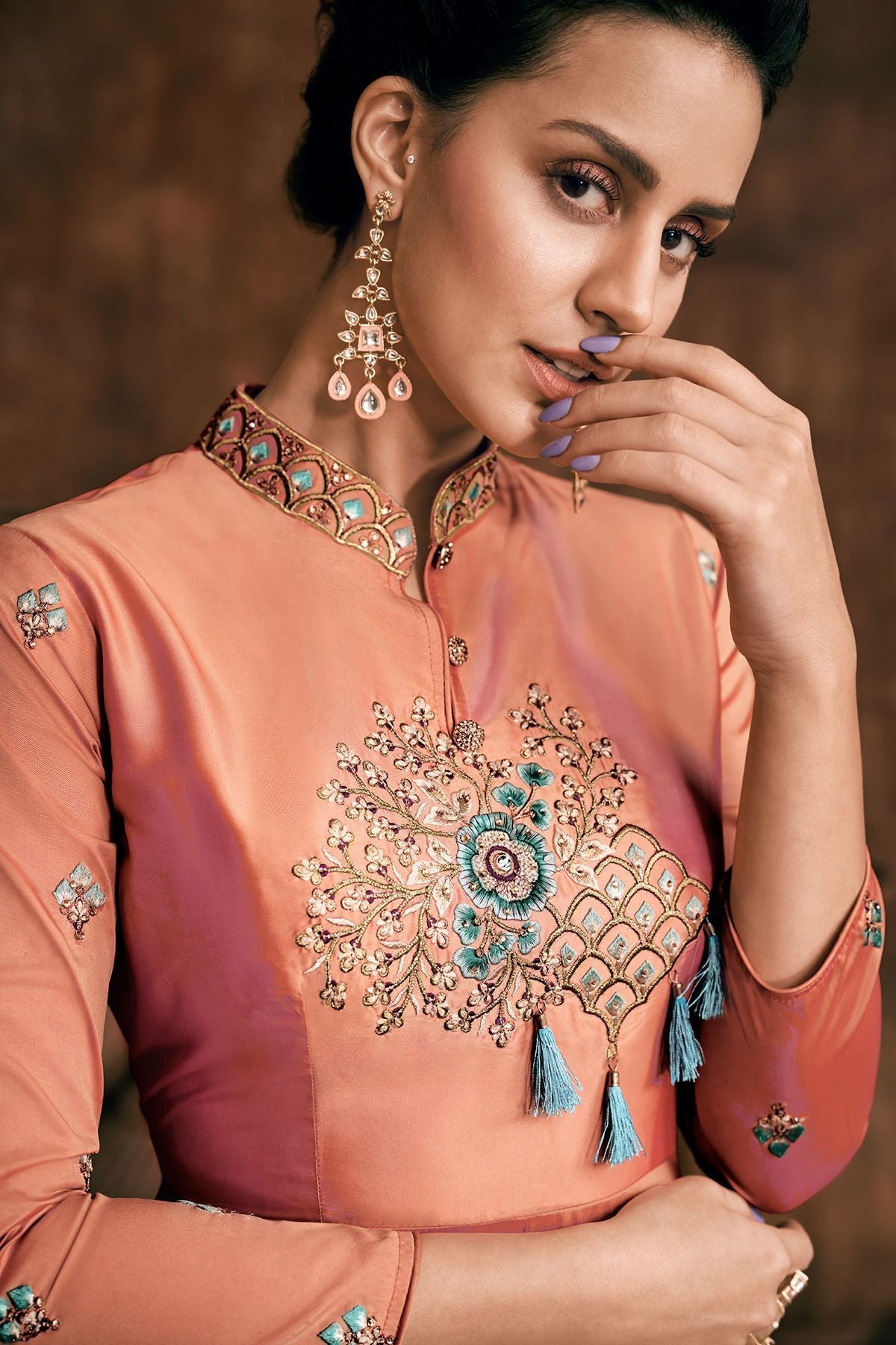 Peach Reyon Party Wear Anarkali Suit