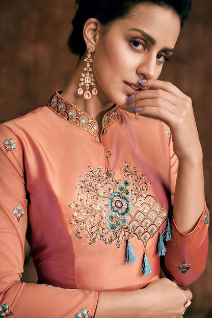 Peach Reyon Party Wear Anarkali Suit
