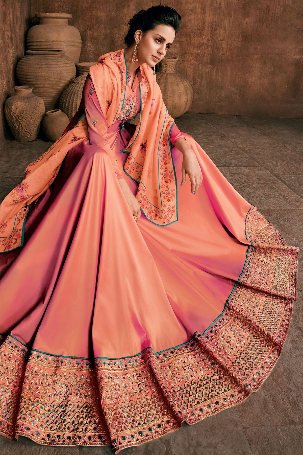 Peach Reyon Party Wear Anarkali Suit