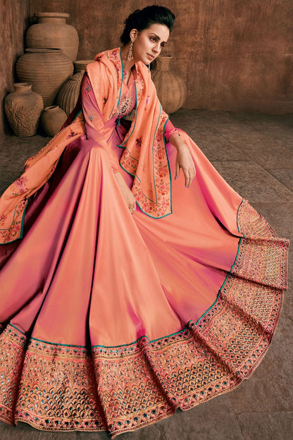 Peach Reyon Party Wear Anarkali Suit