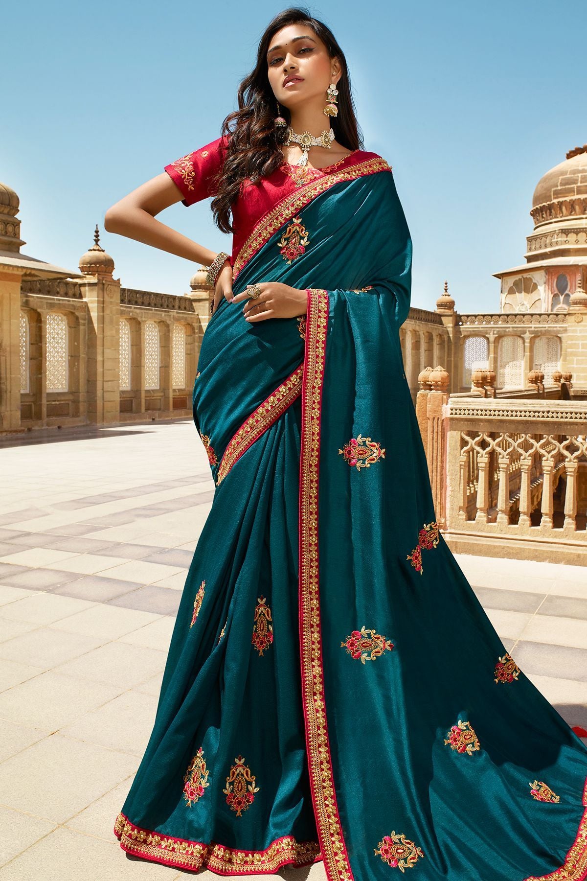 Peacock Blue and Candy Red Dola Silk Sari