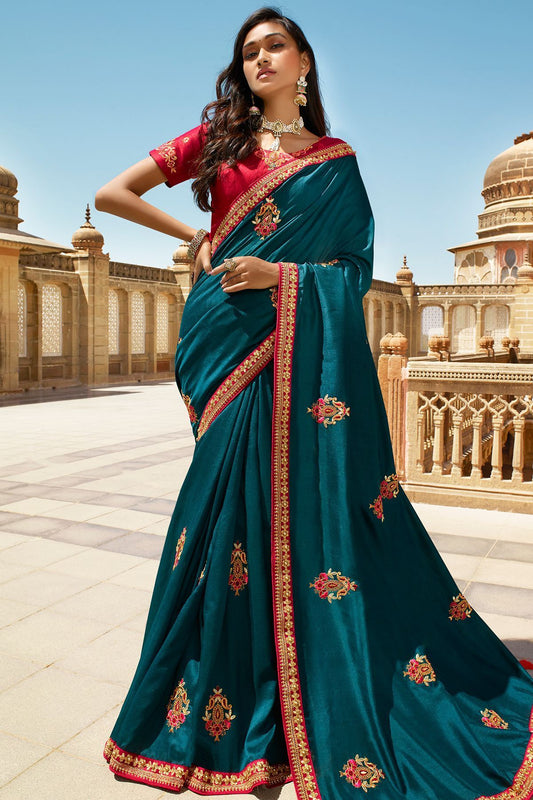 Peacock Blue and Candy Red Dola Silk Sari