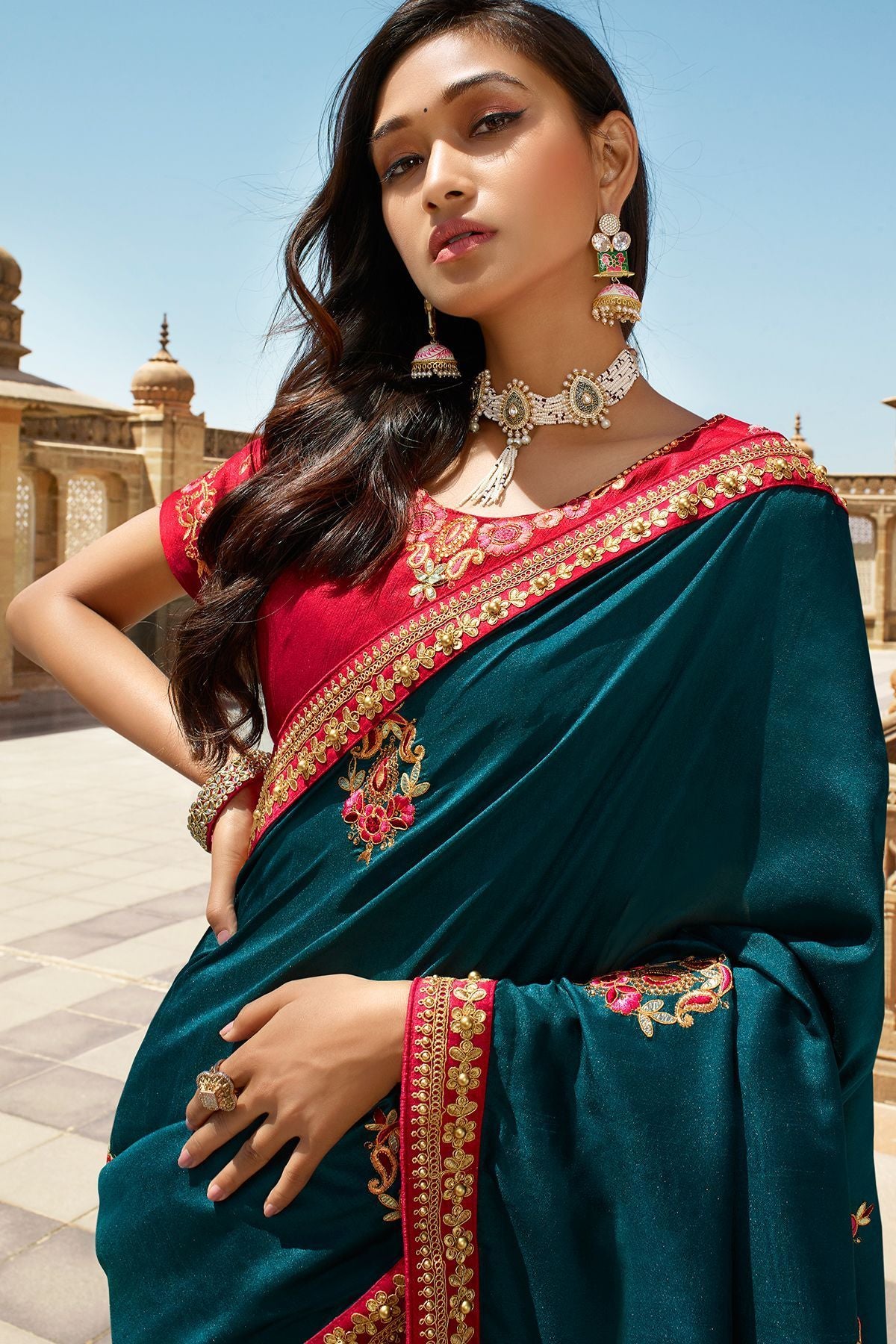Peacock Blue and Candy Red Dola Silk Sari