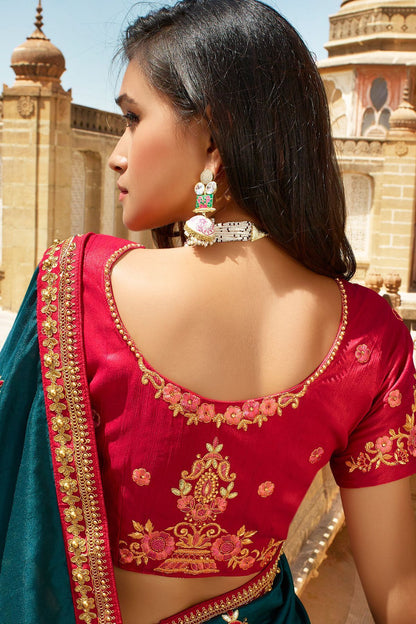 Peacock Blue and Candy Red Dola Silk Sari