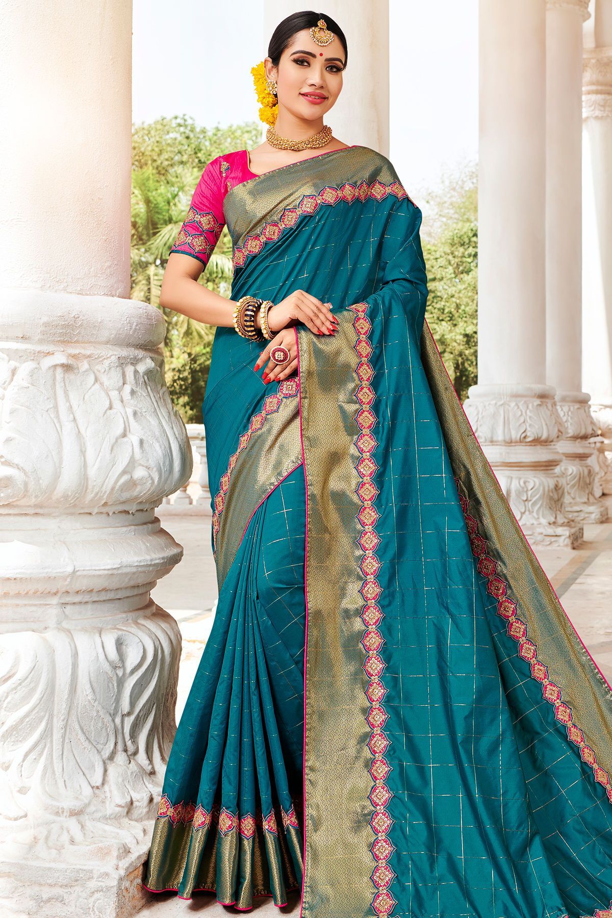 Peacock Blue and Pink Designer Sari