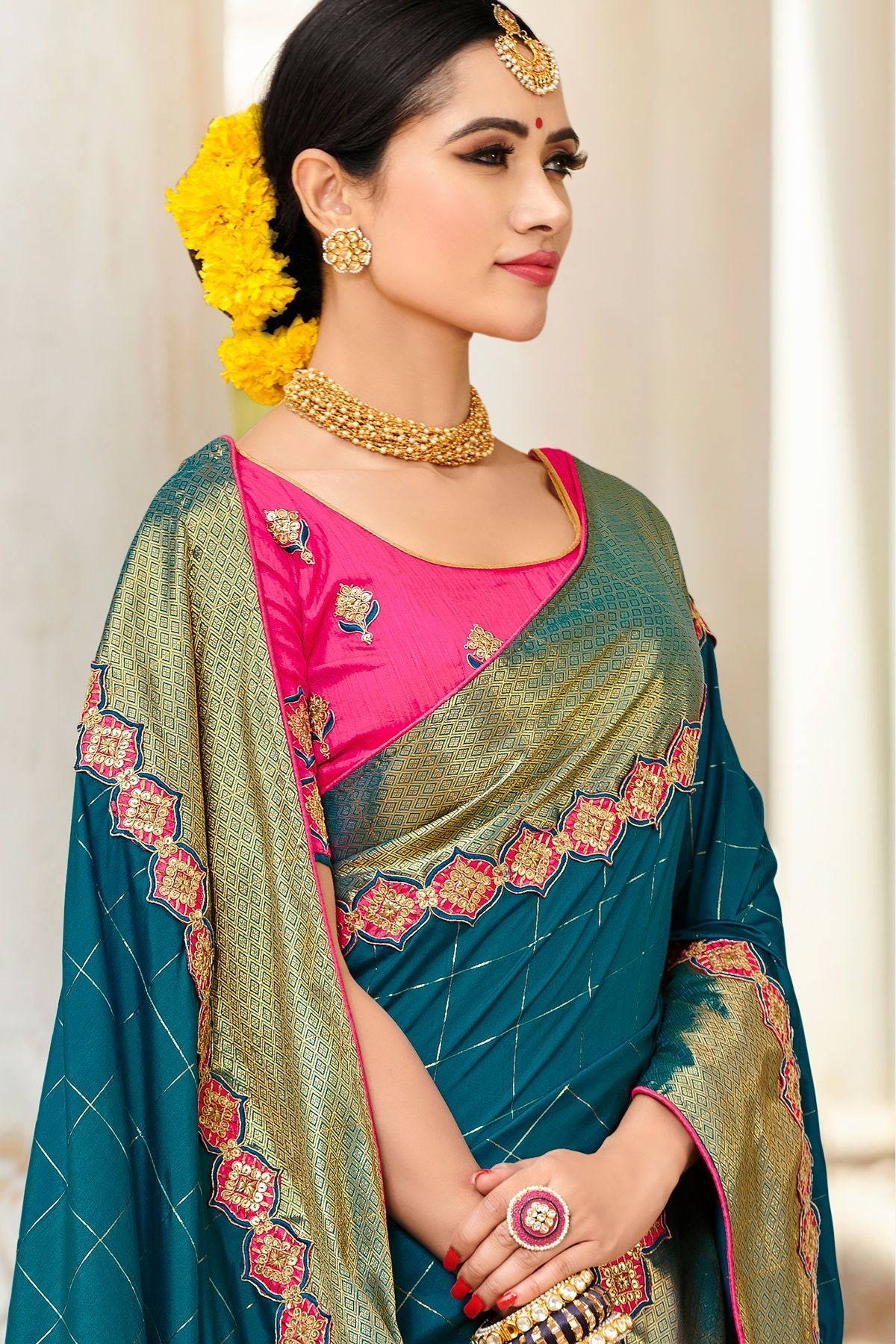 Peacock Blue and Pink Designer Sari