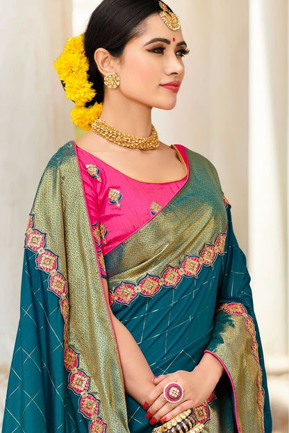 Peacock Blue and Pink Designer Sari