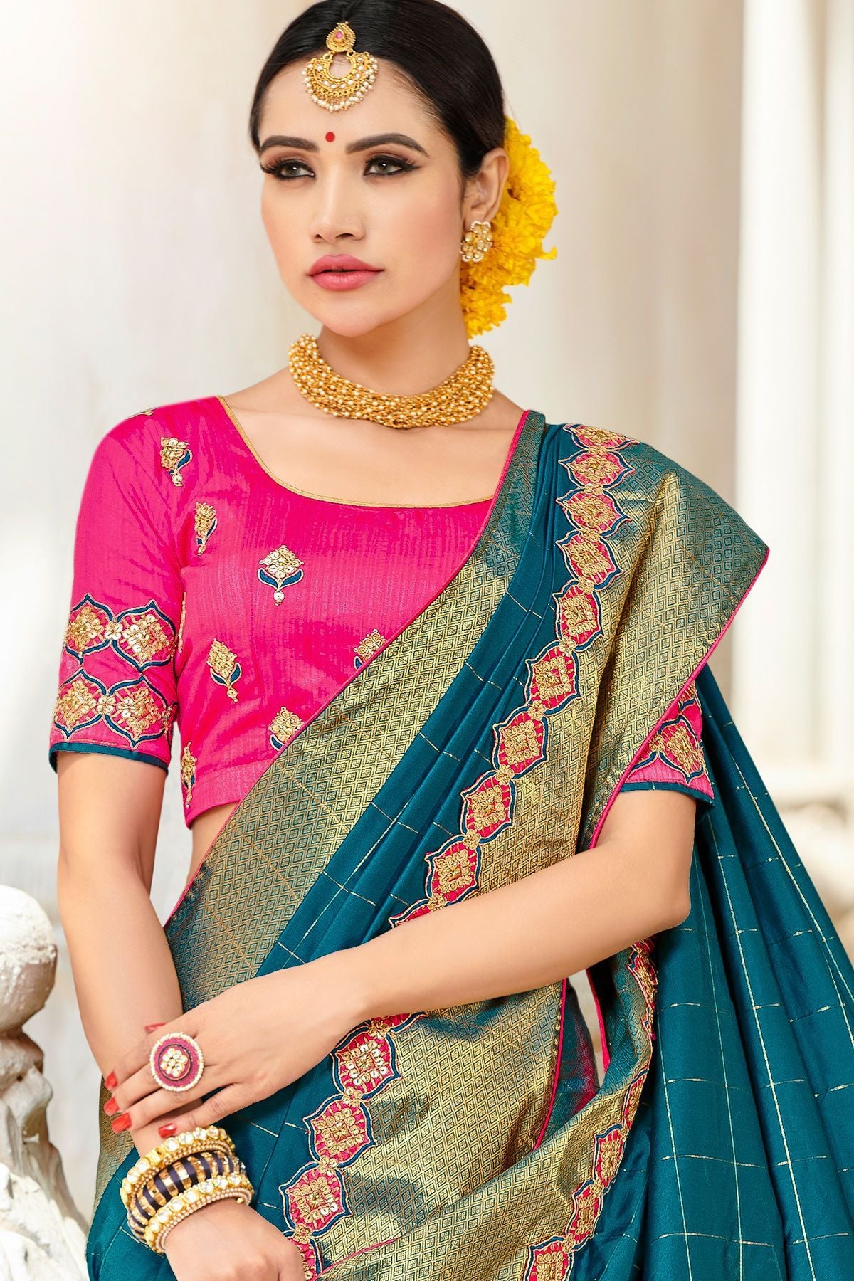 Peacock Blue and Pink Designer Sari
