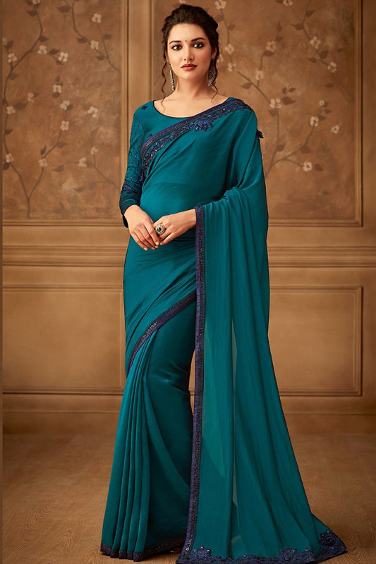 Peacock Blue Designer Party Wear Silk Sari