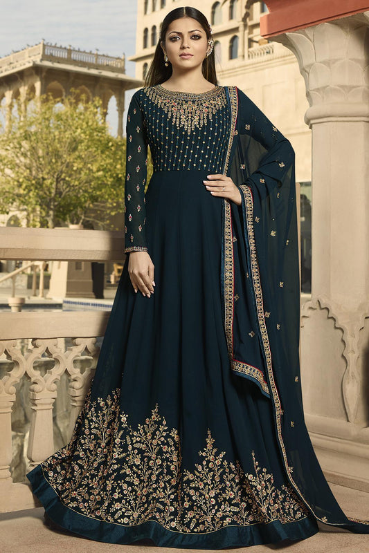 Peacock Blue Embroidered Designer Anarkali Suit