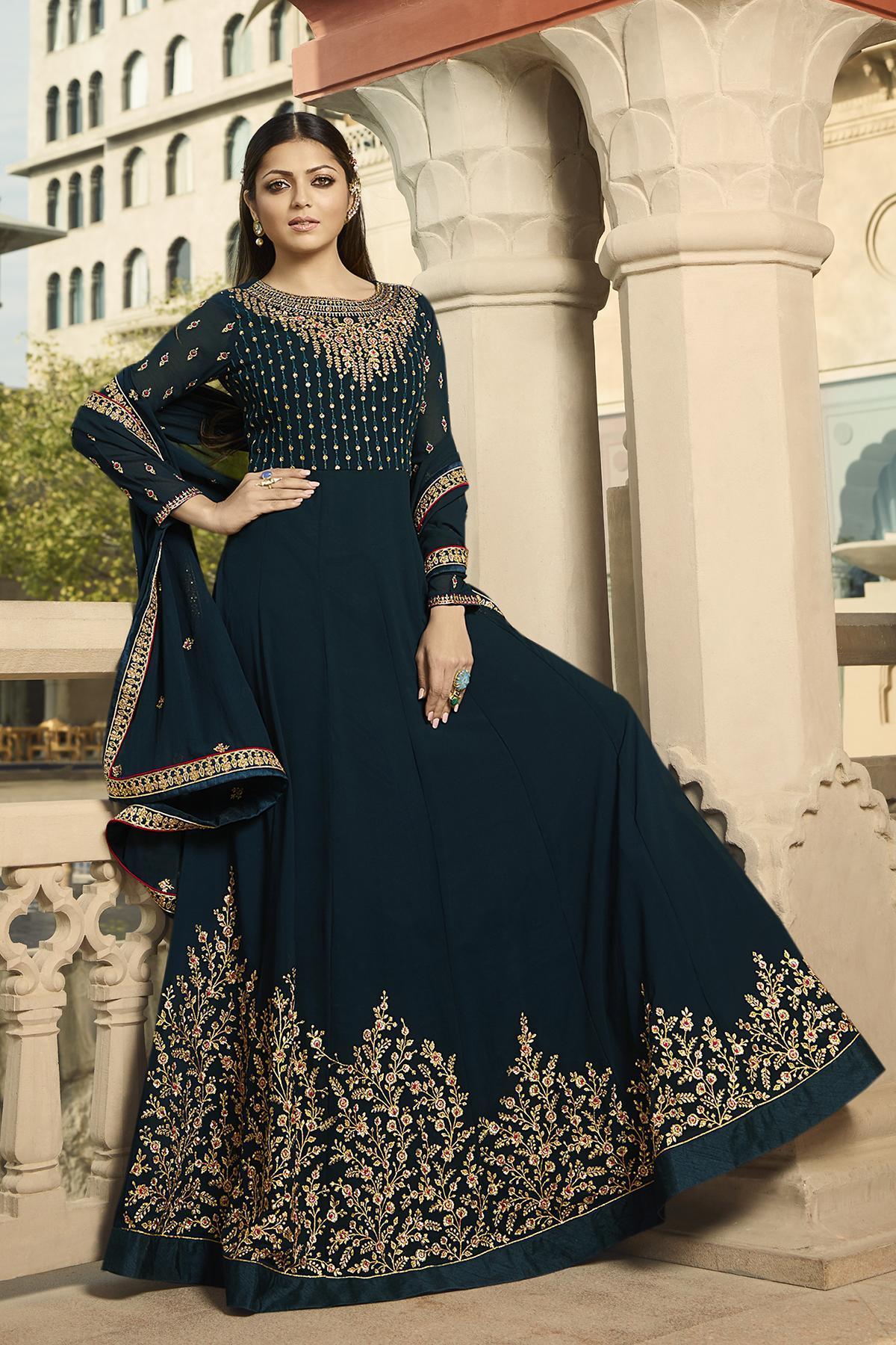 Peacock Blue Embroidered Designer Anarkali Suit
