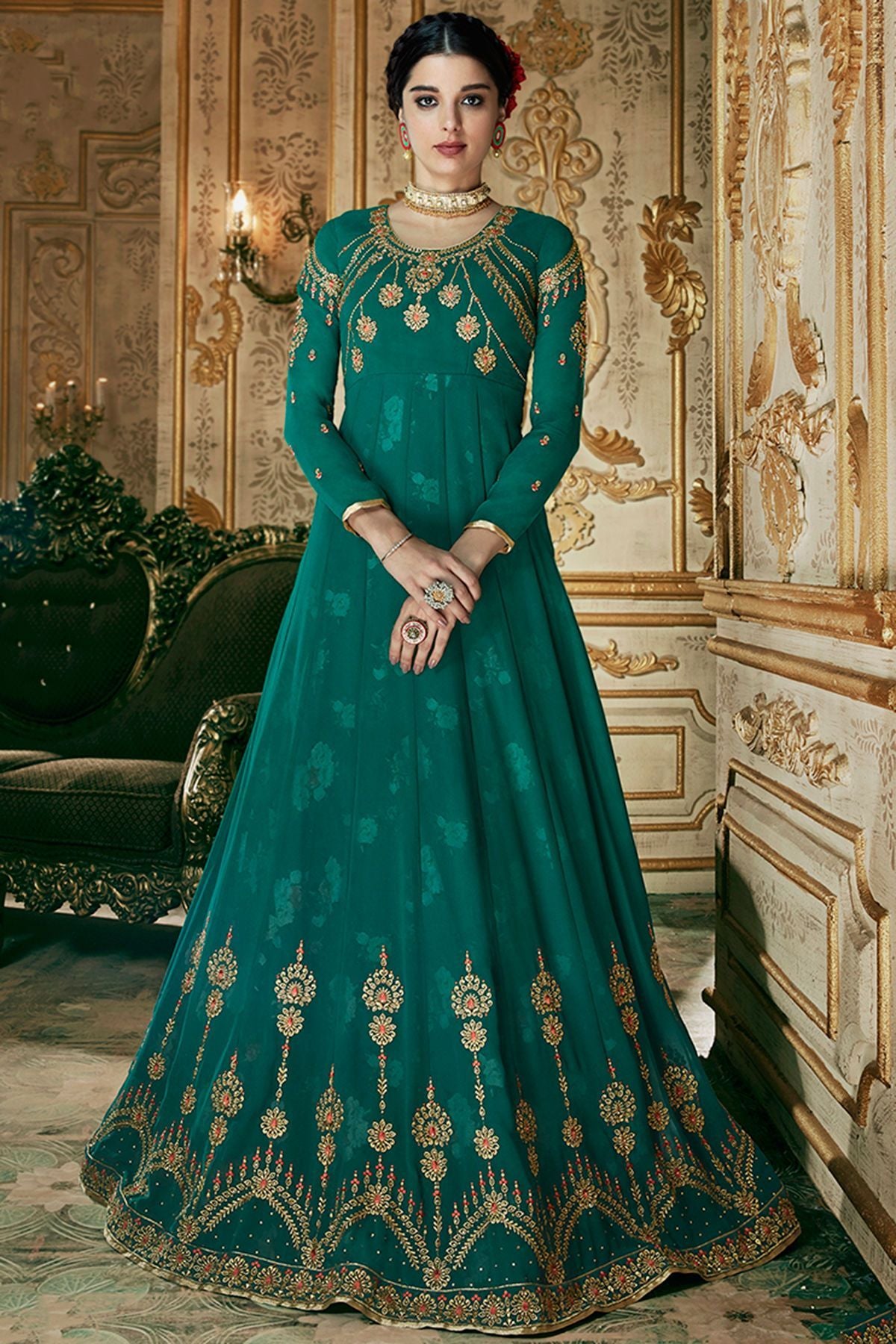 Peacock Blue Georgette Party Wear Anarkali Suit