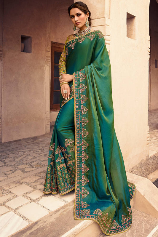 Pear and Olive Green Designer Silk Sari