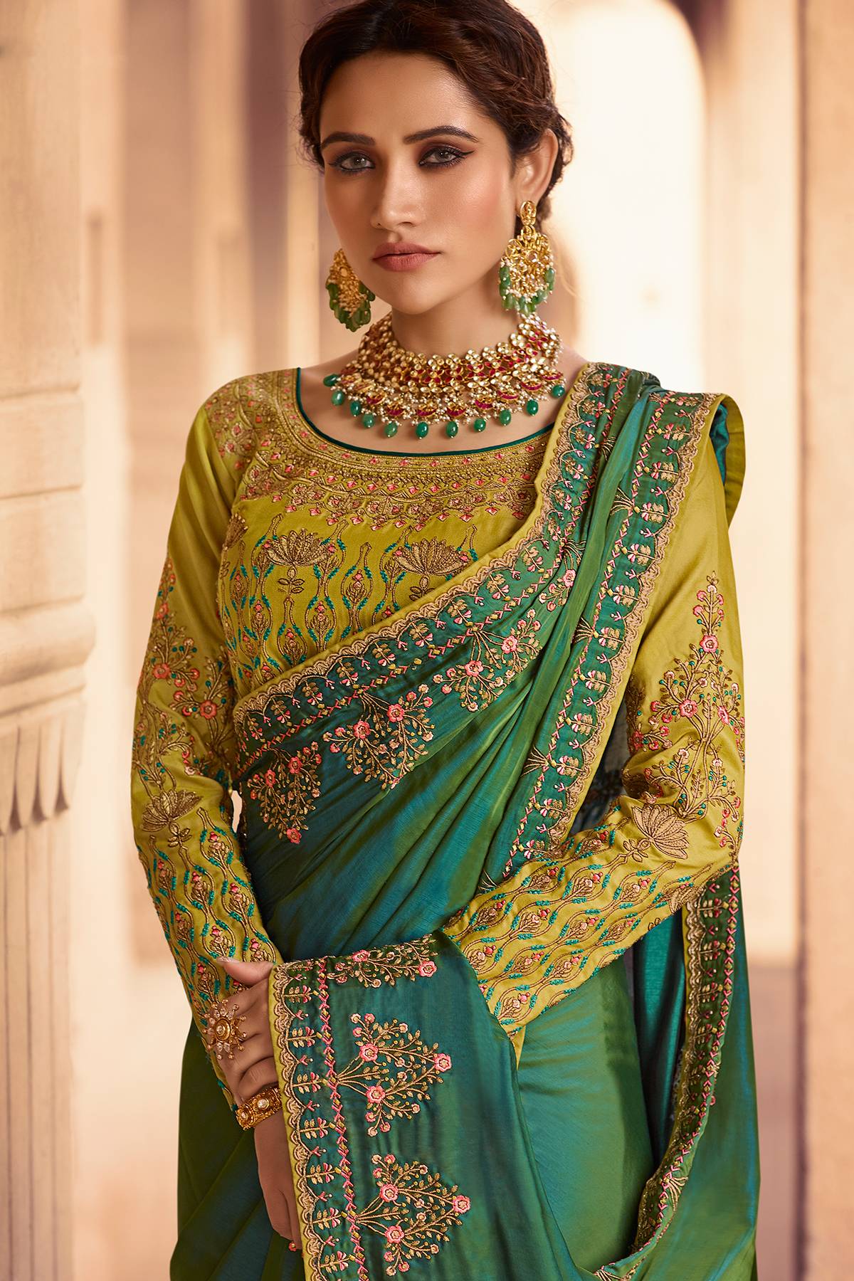 Pear and Olive Green Designer Silk Sari