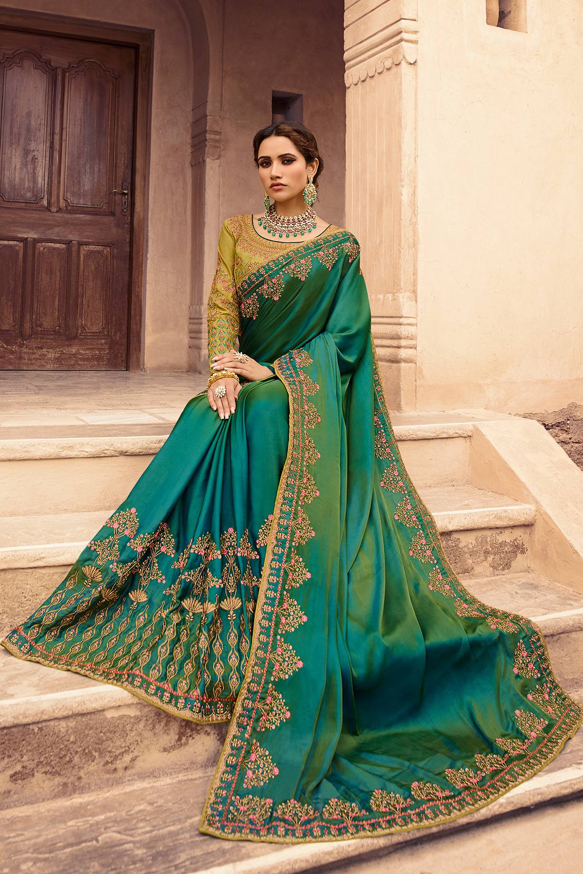 Pear and Olive Green Designer Silk Sari