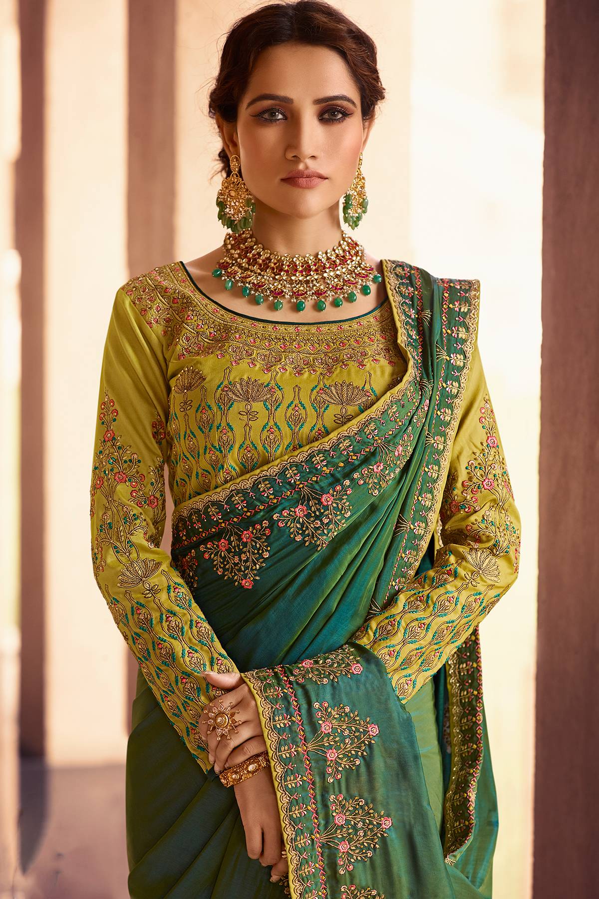 Pear and Olive Green Designer Silk Sari