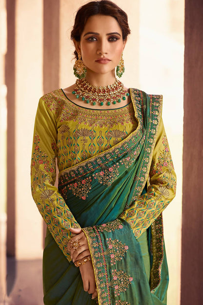 Pear and Olive Green Designer Silk Sari