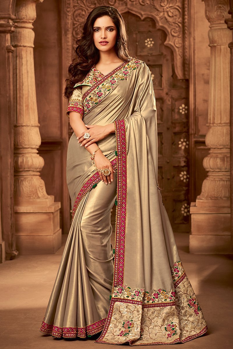 Golden Colored Embroidered Designer heavy Silk Saree
