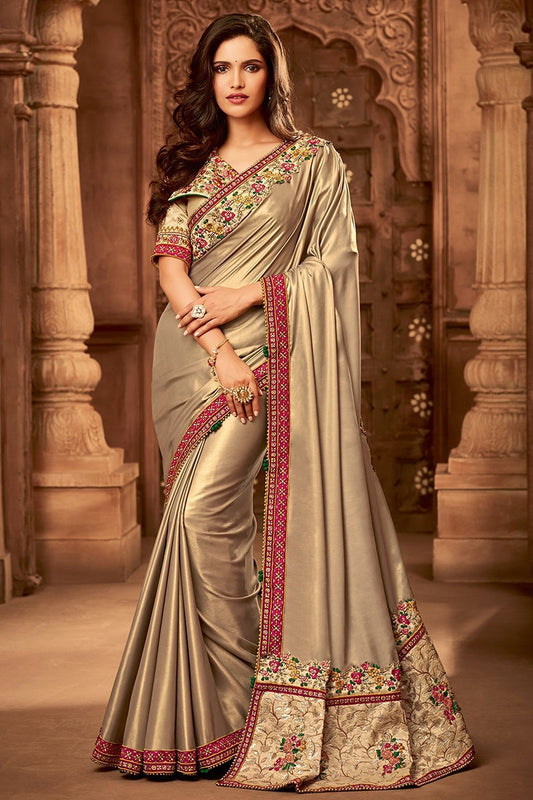 Golden Colored Embroidered Designer heavy Silk Saree