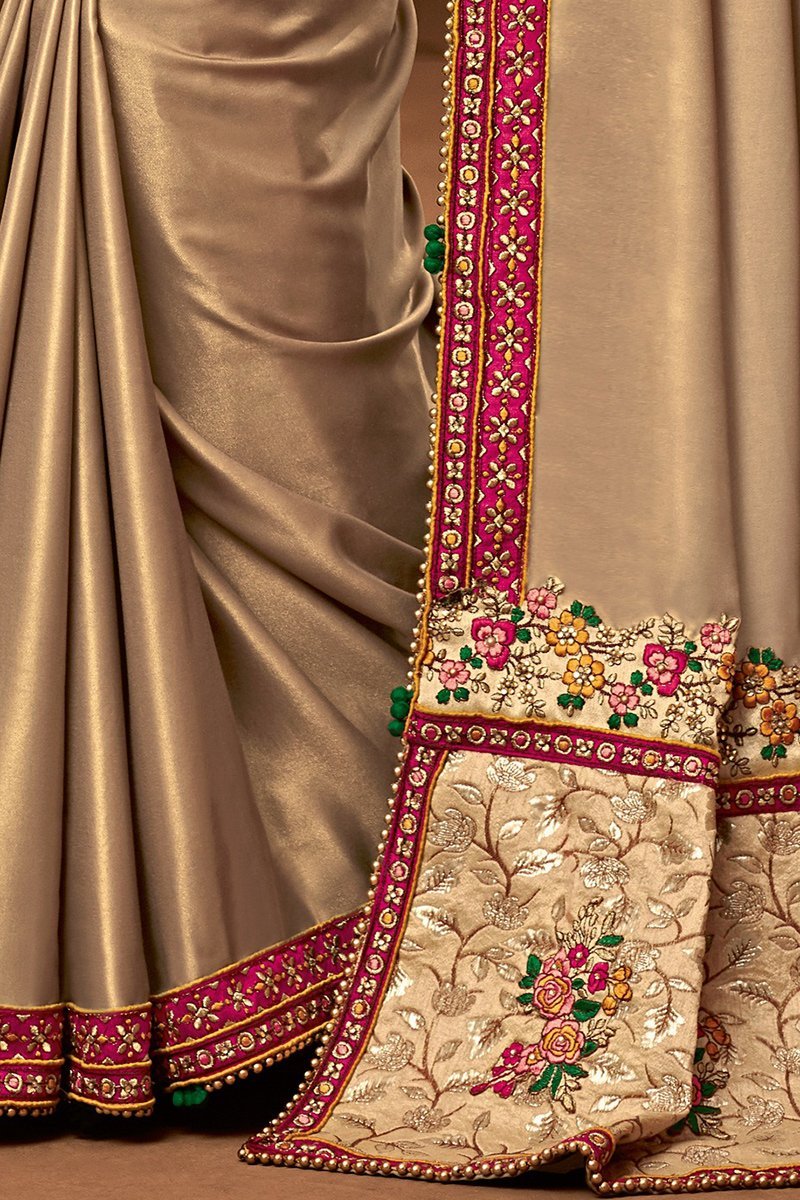 Golden Colored Embroidered Designer heavy Silk Saree