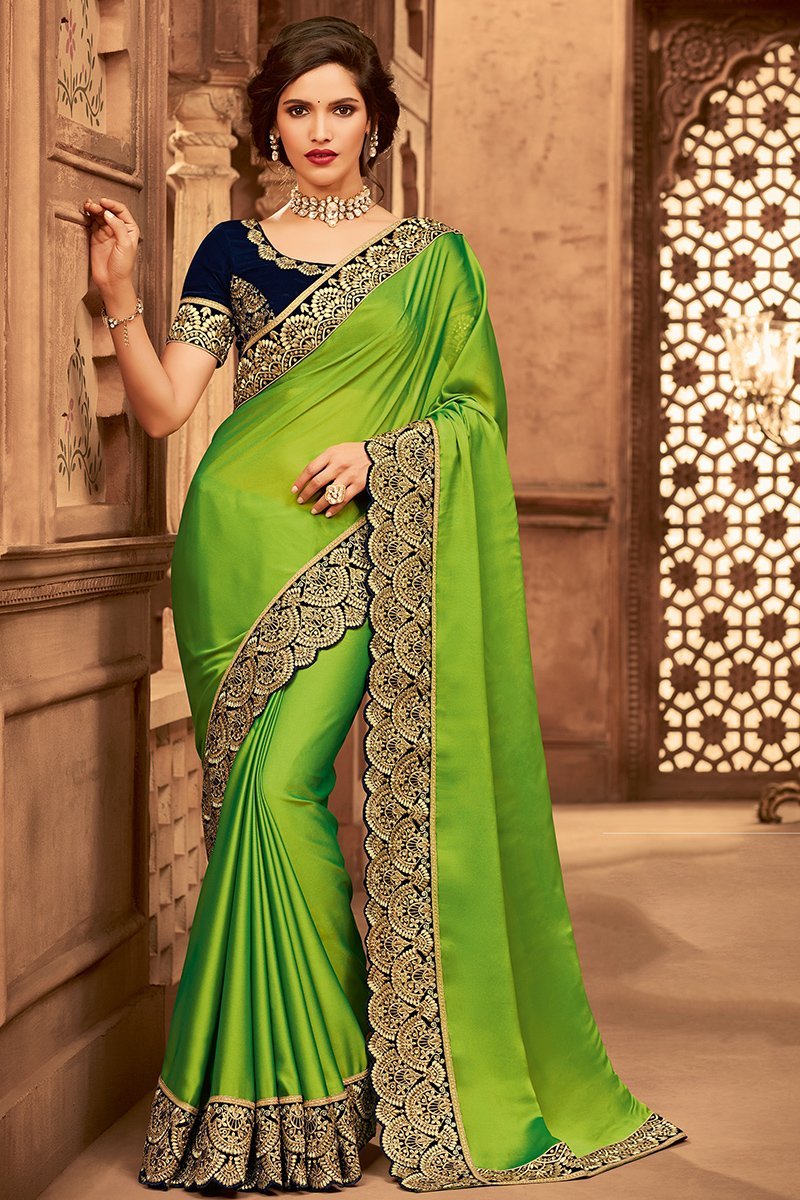 Lime Green and Midnight Blue Embroidered Designer heavy Silk Saree