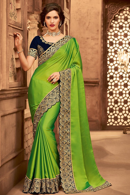 Lime Green and Midnight Blue Embroidered Designer heavy Silk Saree