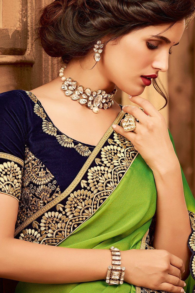 Lime Green and Midnight Blue Embroidered Designer heavy Silk Saree