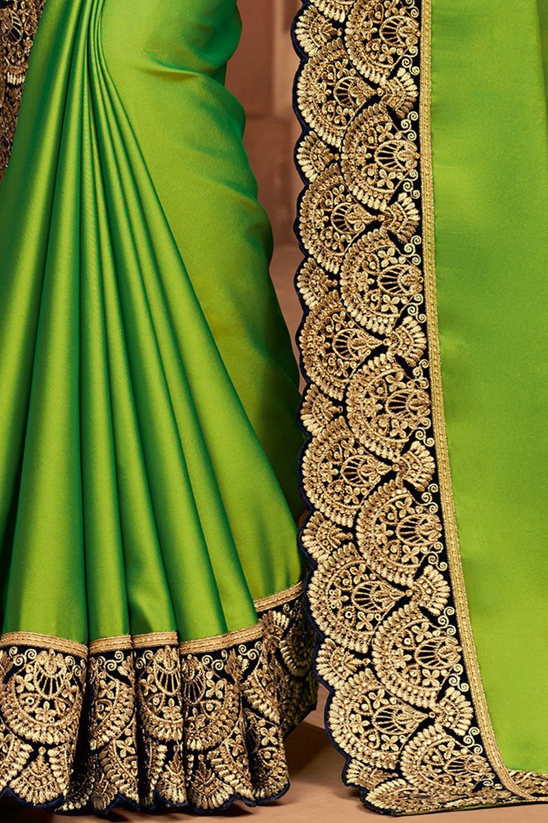 Lime Green and Midnight Blue Embroidered Designer heavy Silk Saree