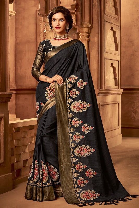Midnight Black Colored Embroidered Designer heavy Silk Saree