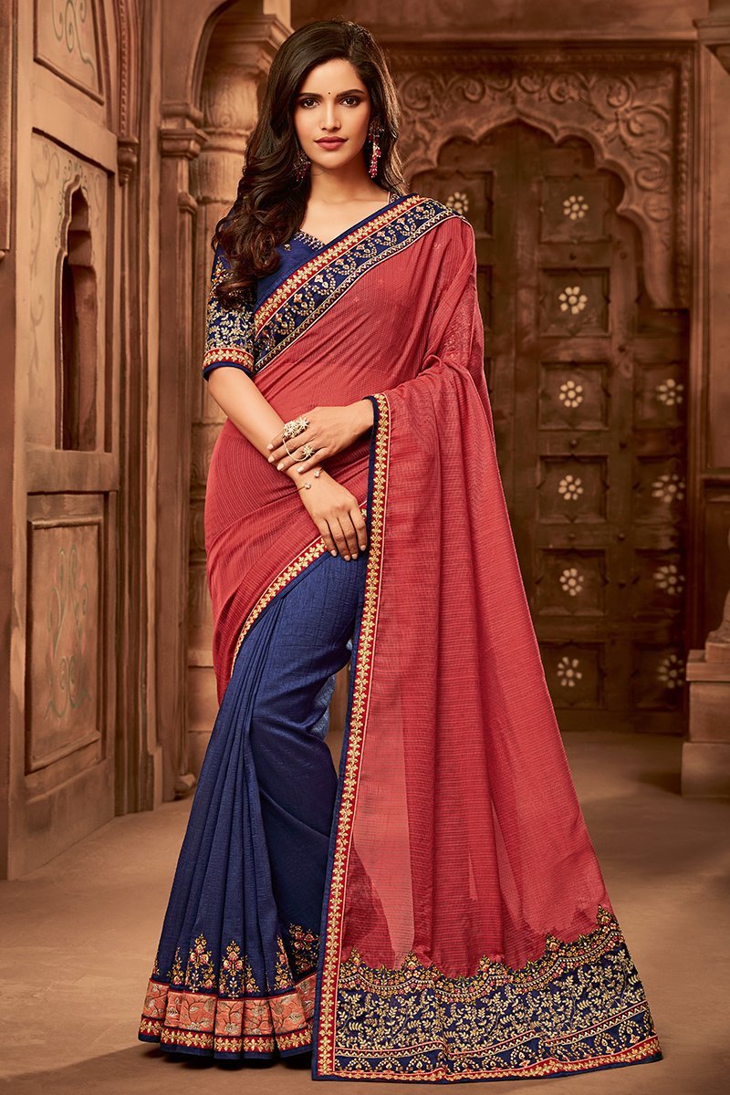 Peach and Blue Colored Embroidered Designer heavy Silk Saree