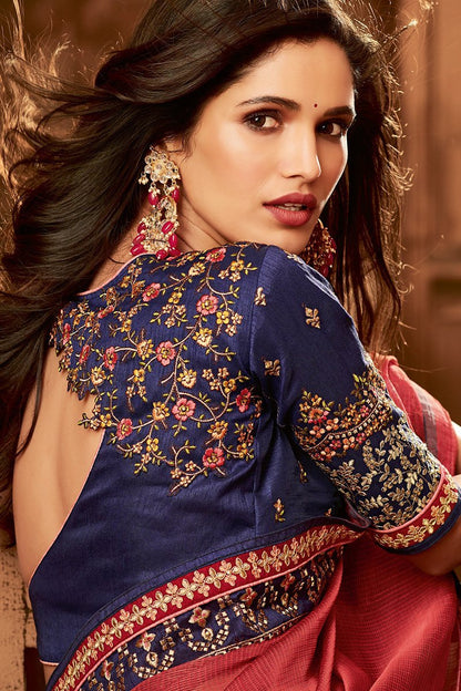 Peach and Blue Colored Embroidered Designer heavy Silk Saree