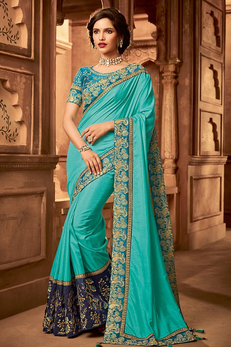 Arctic Blue Colored Embroidered Designer heavy Silk Saree