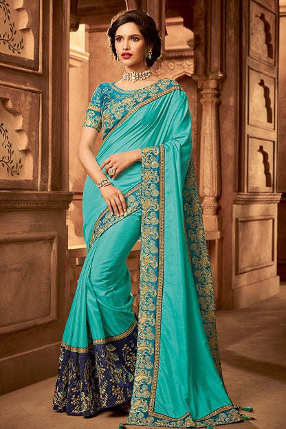 Arctic Blue Colored Embroidered Designer heavy Silk Saree