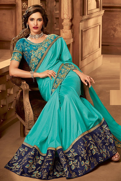 Arctic Blue Colored Embroidered Designer heavy Silk Saree