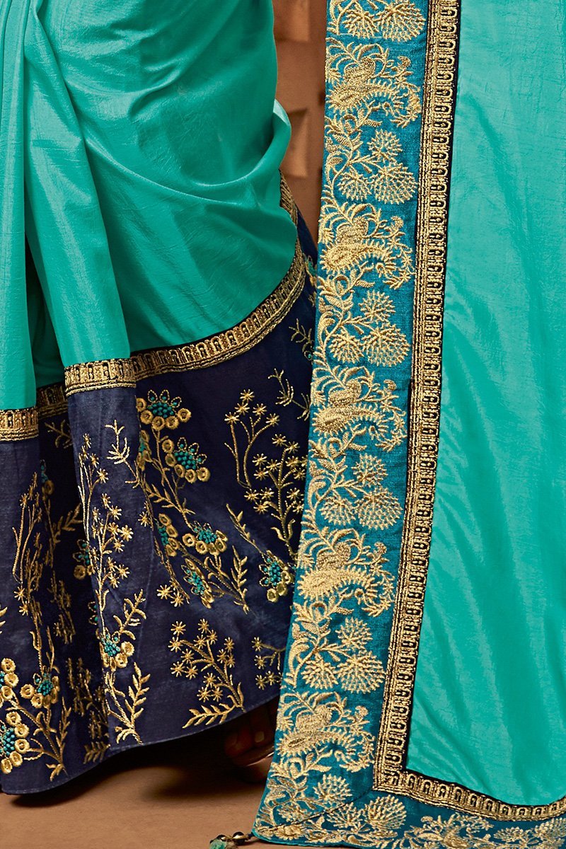 Arctic Blue Colored Embroidered Designer heavy Silk Saree