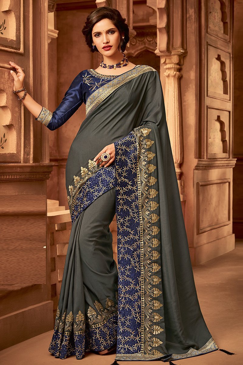 Grey and Denim Blue Colored Embroidered Designer heavy Silk Saree
