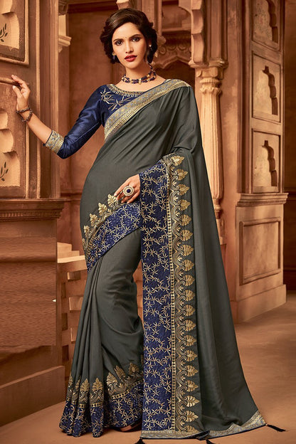 Grey and Denim Blue Colored Embroidered Designer heavy Silk Saree