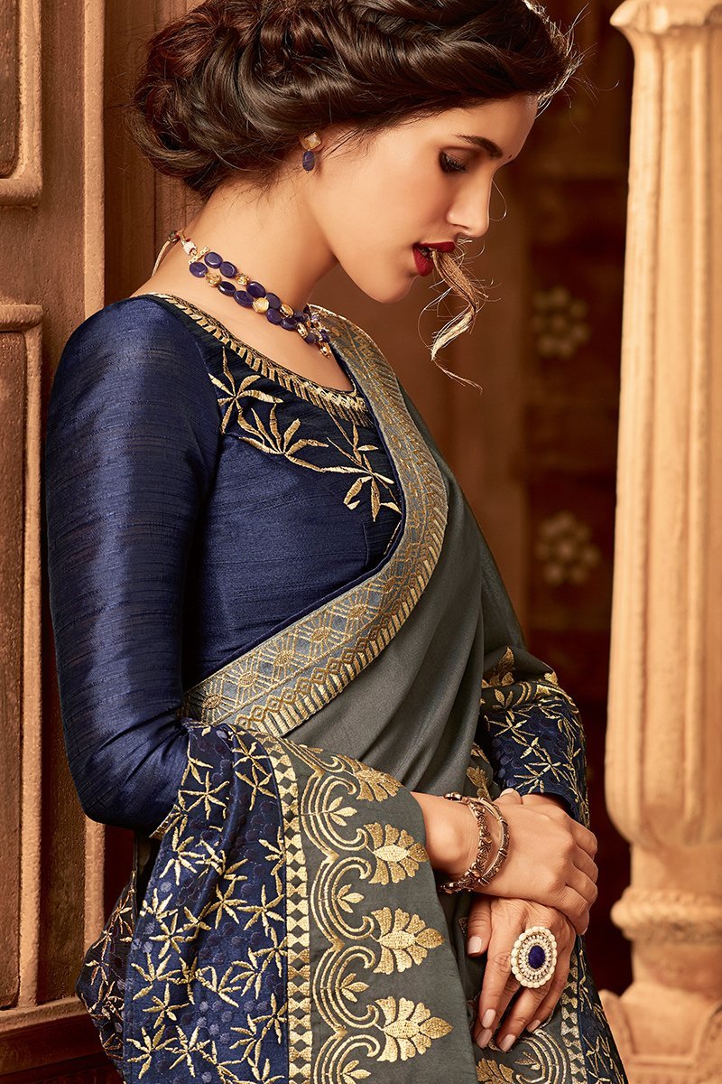 Grey and Denim Blue Colored Embroidered Designer heavy Silk Saree