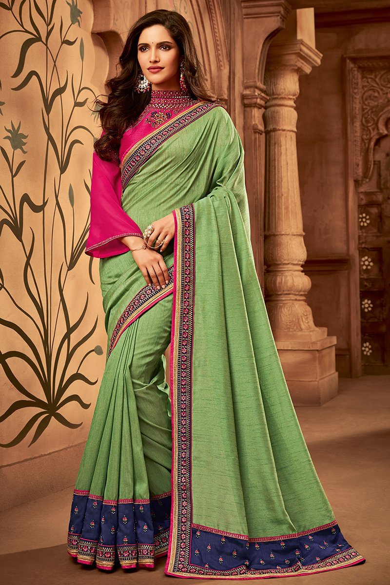 Olive Green and Pink Embroidered Designer heavy Silk Saree