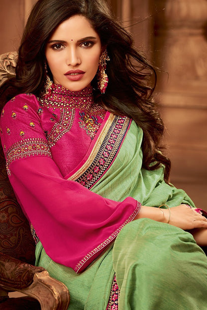 Olive Green and Pink Embroidered Designer heavy Silk Saree
