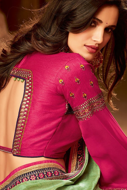 Olive Green and Pink Embroidered Designer heavy Silk Saree