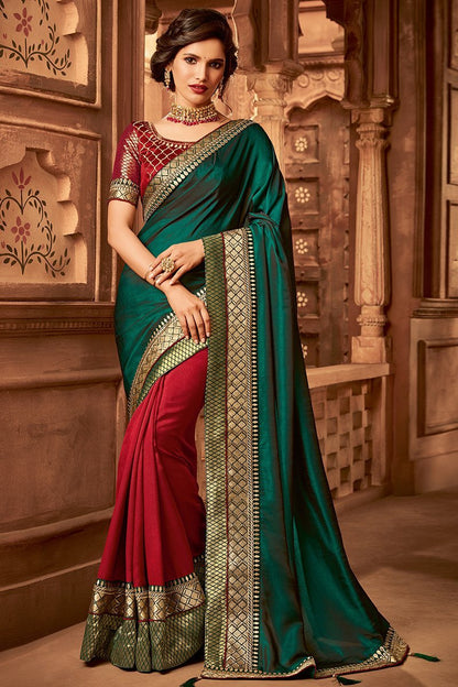 Sea Green and Scarlet Red Embroidered Designer heavy Silk Saree